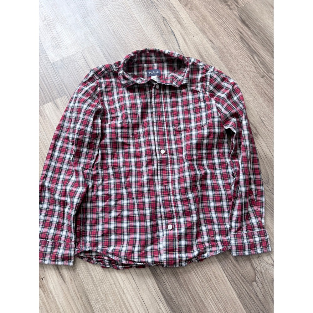 The Childrens Place Boys Red Plaid Button Down Shirt Long Sleeve Size L 10/12